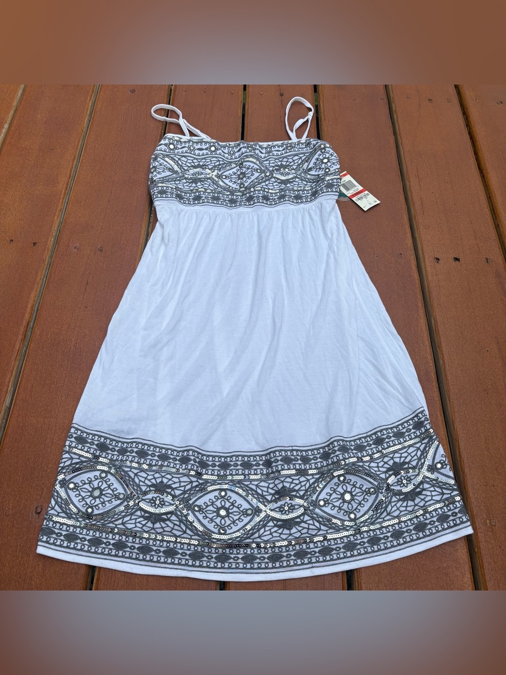 White Y2K Dress with Gray Embroidered Sequins Beach Boho